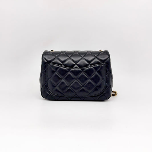 Preloved Chanel Black n Gold Classic Flap Pearl Crush Mini Square