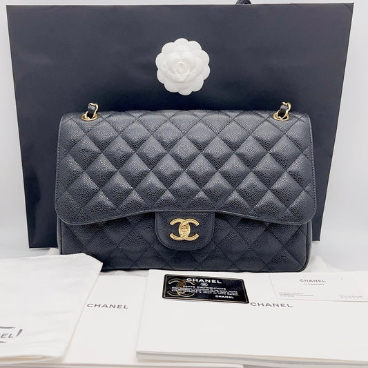 Preloved Chanel Black n Gold Classic Flap Jumbo