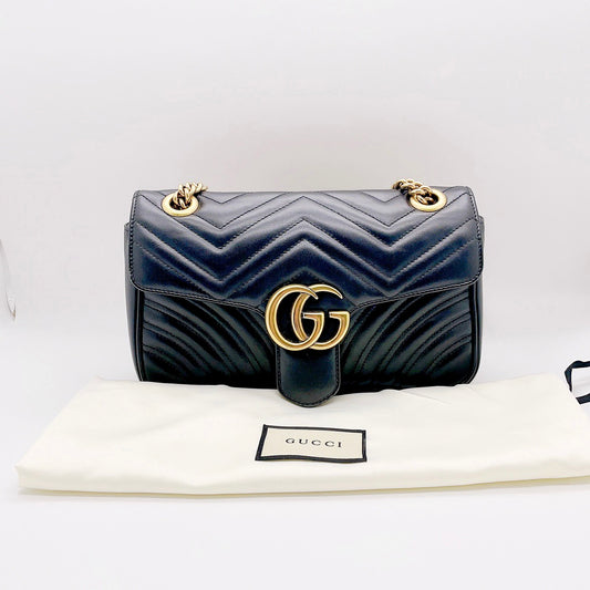 Preloved Gucci Black n Gold GG Marmont Shoulder Bag Small