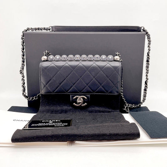 Preloved Chanel Logo Pearl Handle Flap Bag