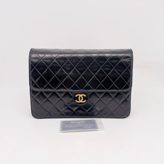 Preloved Chanel Vintage Black n Gold Push-Lock Flap Bag Medium