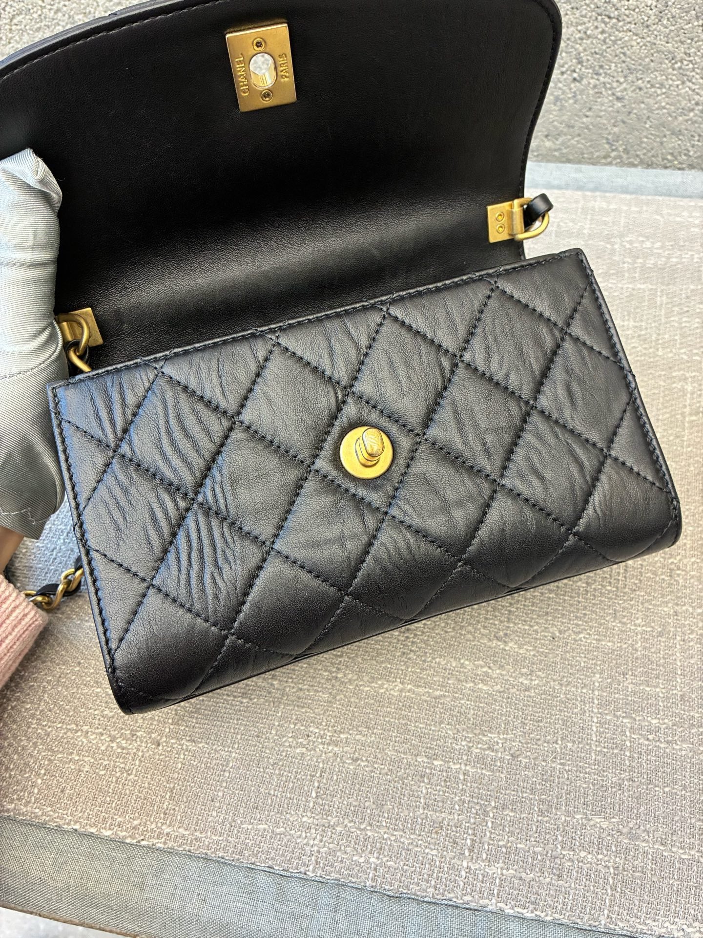 Preloved Chanel Black n Gold Flap Bag Mini with Top Handle