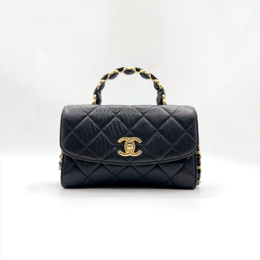 Preloved Chanel Black n Gold Flap Bag Mini with Top Handle