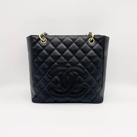 Preloved Chanel Black n Gold Petite Shopping Tote PST