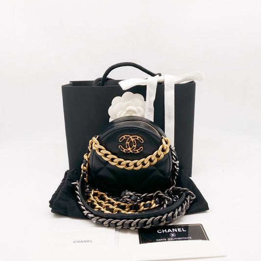 Preloved Chanel 19 Black n Gold Round Clutch with Chain