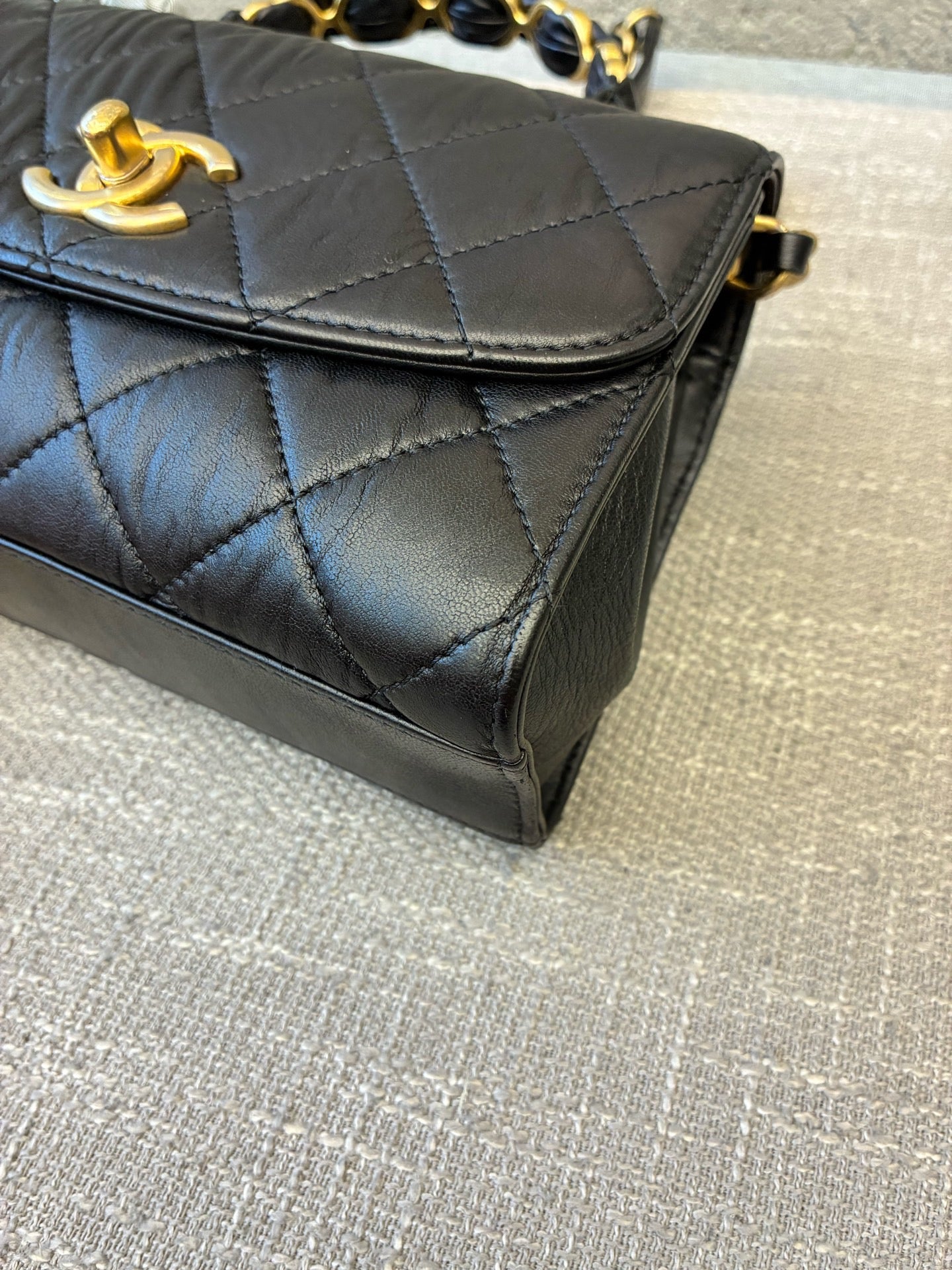 Preloved Chanel Black n Gold Flap Bag Mini with Top Handle