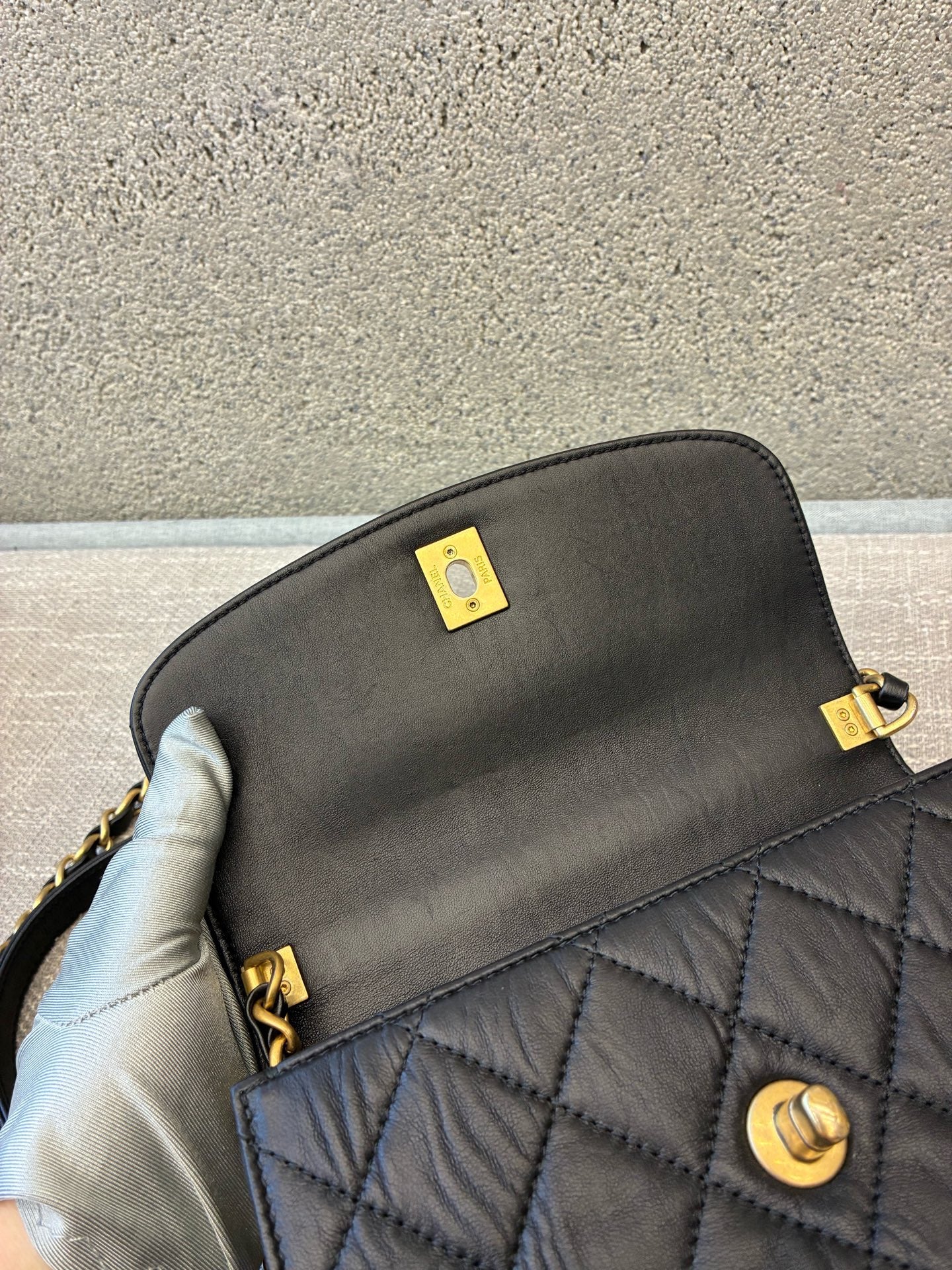 Preloved Chanel Black n Gold Flap Bag Mini with Top Handle