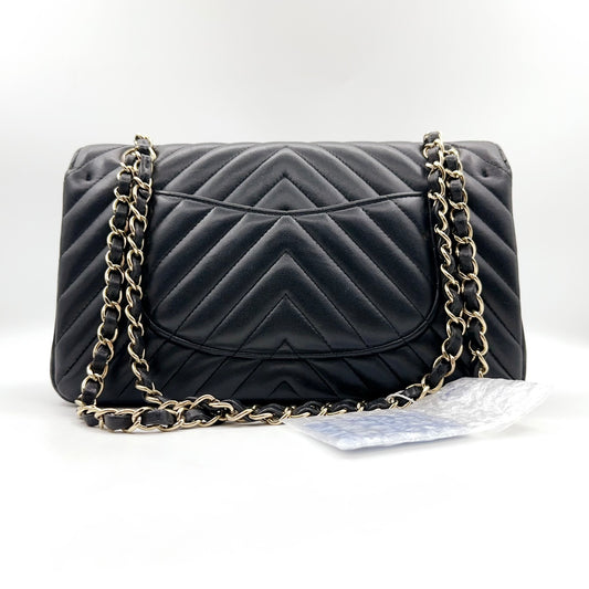 Preloved Chanel Black n Gold Classic Flap Chevron Medium