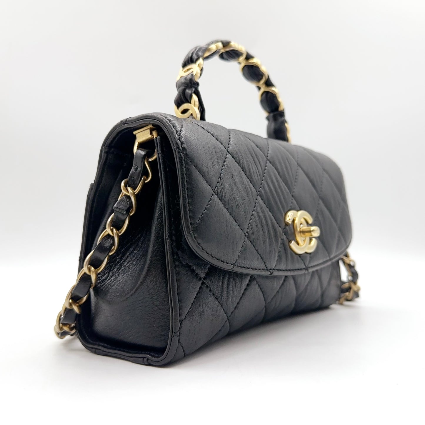 Preloved Chanel Black n Gold Flap Bag Mini with Top Handle