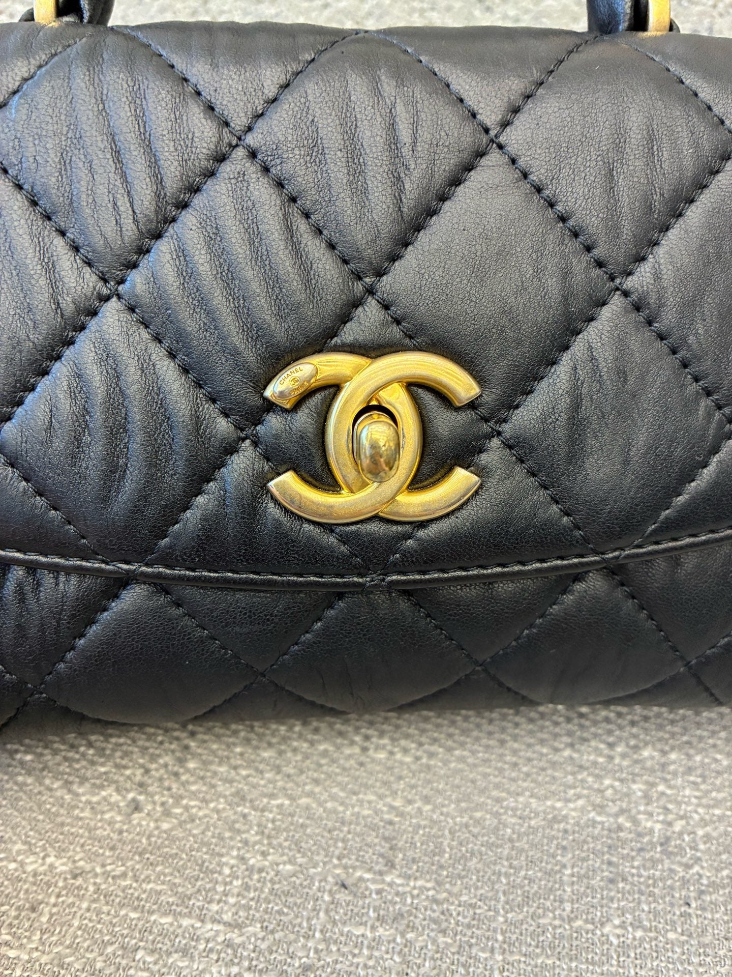 Preloved Chanel Black n Gold Flap Bag Mini with Top Handle