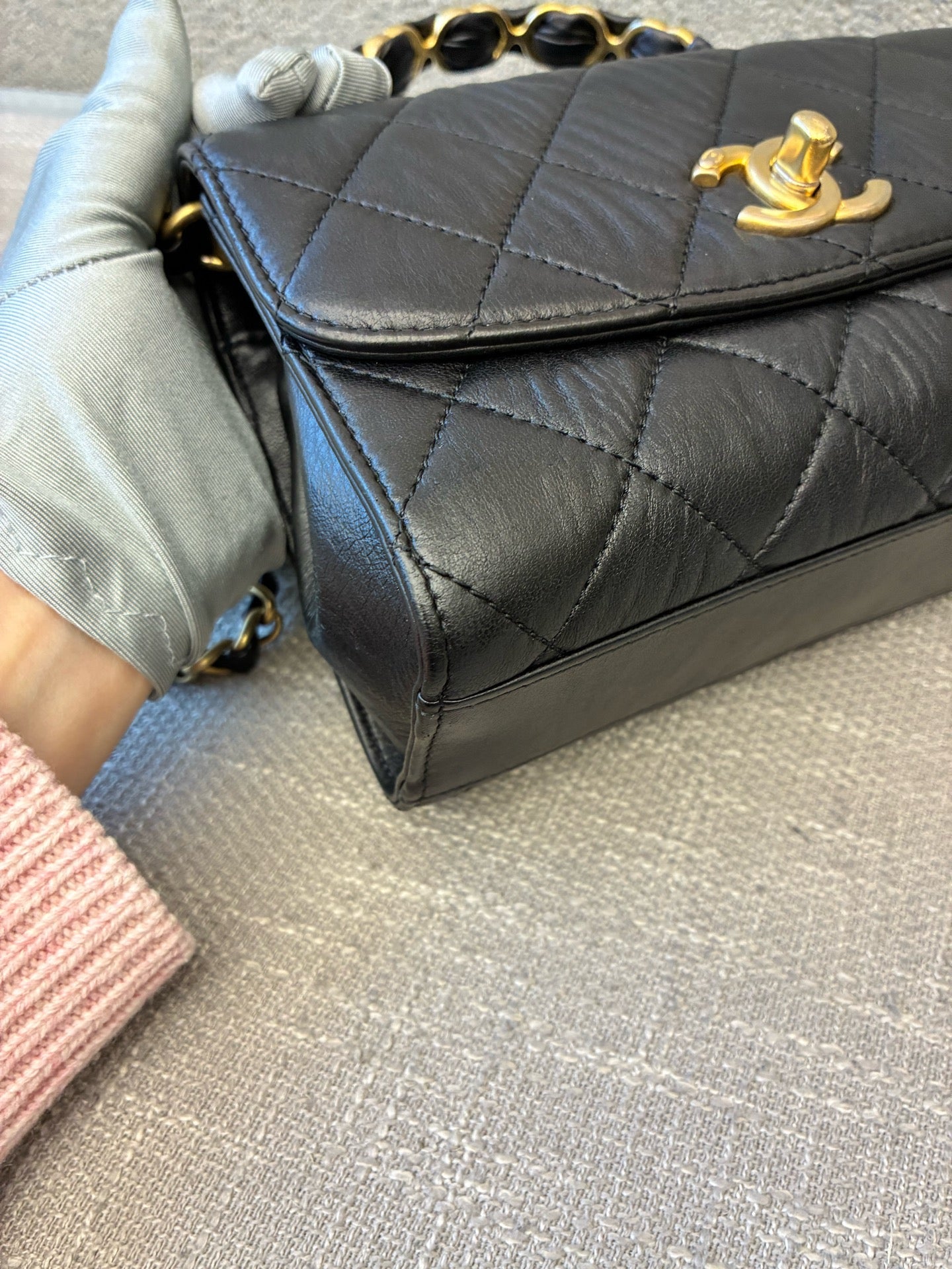 Preloved Chanel Black n Gold Flap Bag Mini with Top Handle