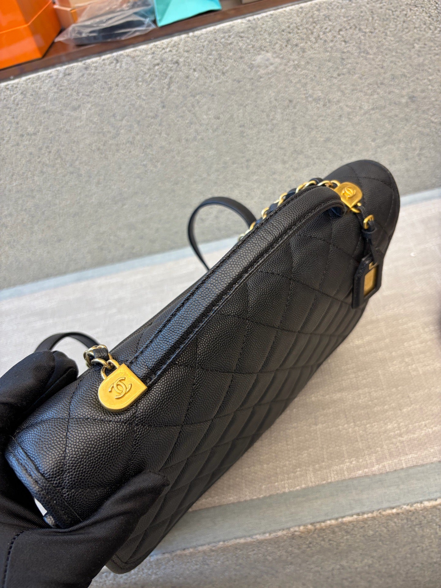 Preloved Chanel Black n Gold 22k Large School Memory Backpack With Tag