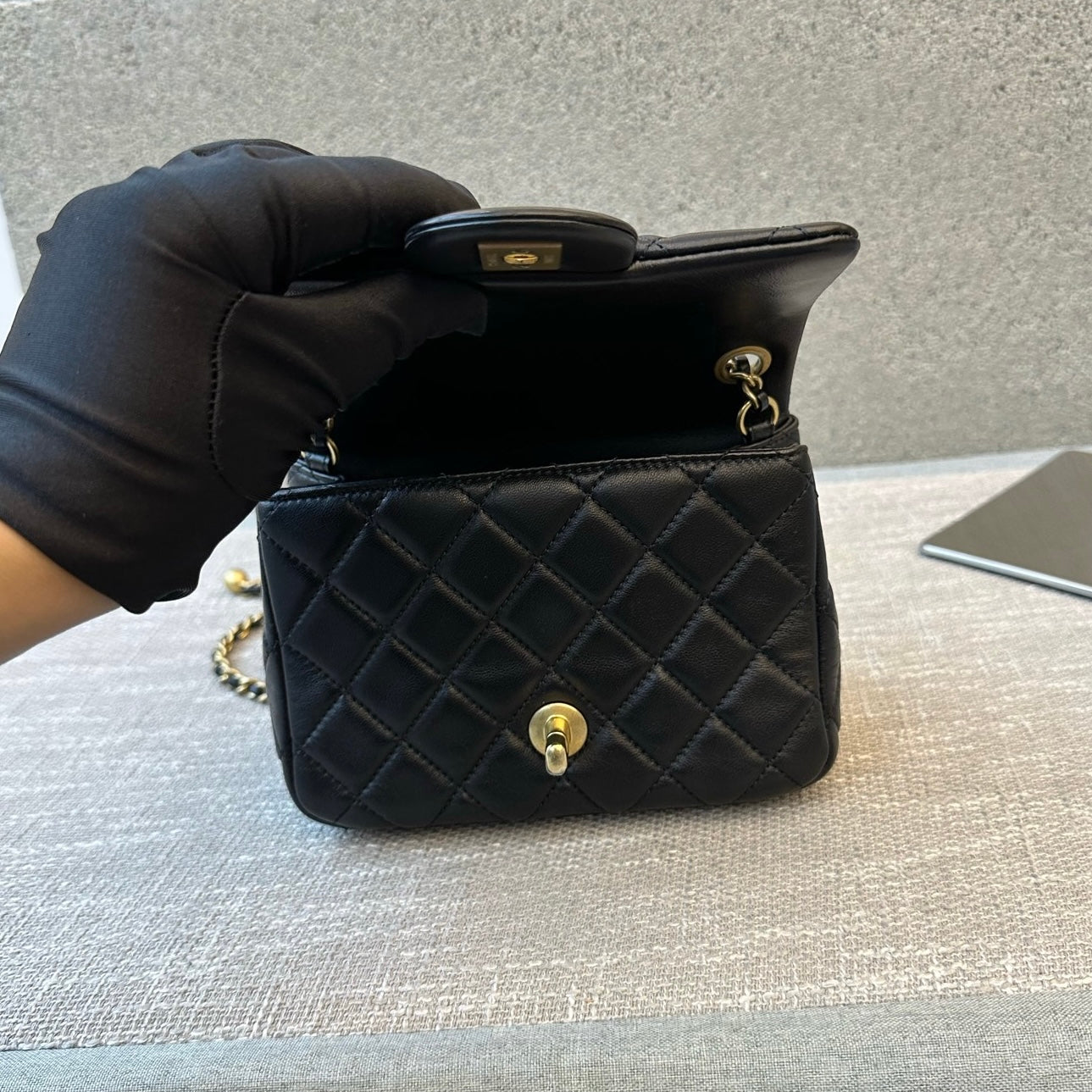 Preloved Chanel Black N Gold Pearl Crush Mini Square