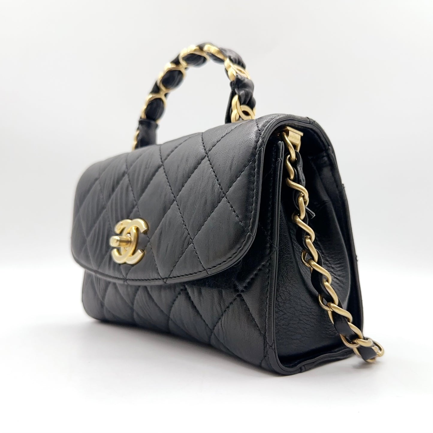 Preloved Chanel Black n Gold Flap Bag Mini with Top Handle