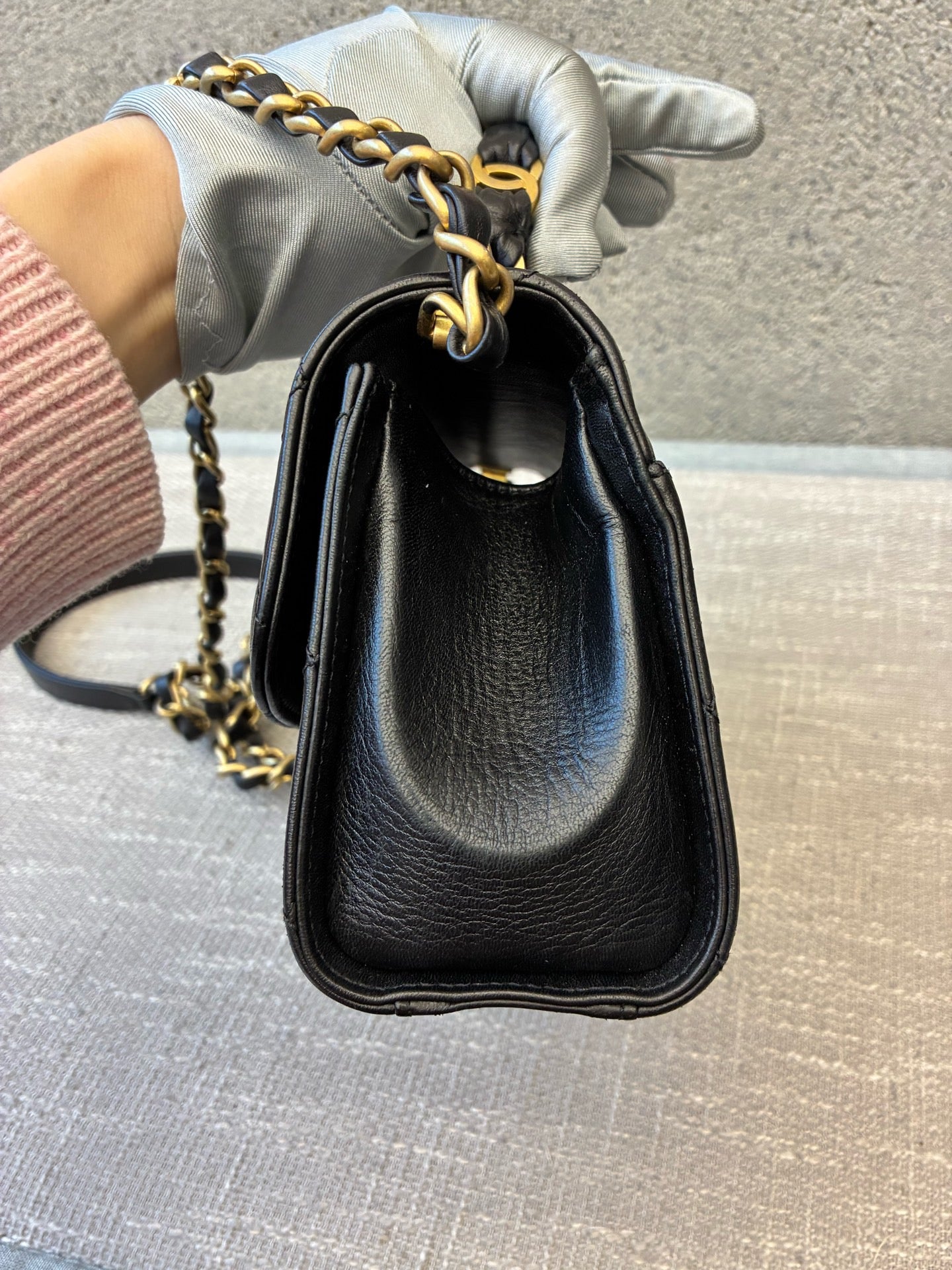 Preloved Chanel Black n Gold Flap Bag Mini with Top Handle