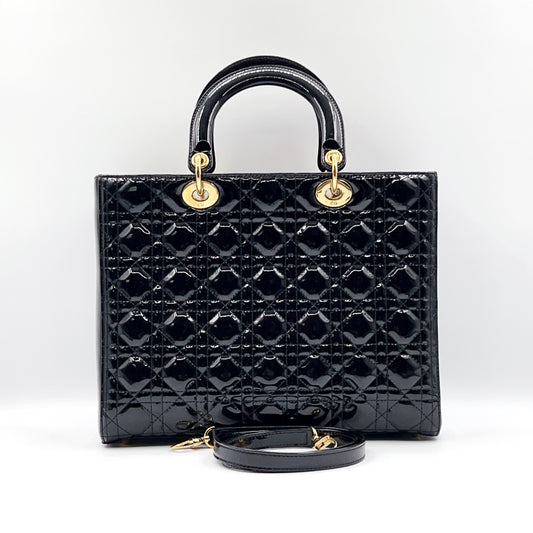 Preloved Christian Dior Black n Gold Lady Dior Large
