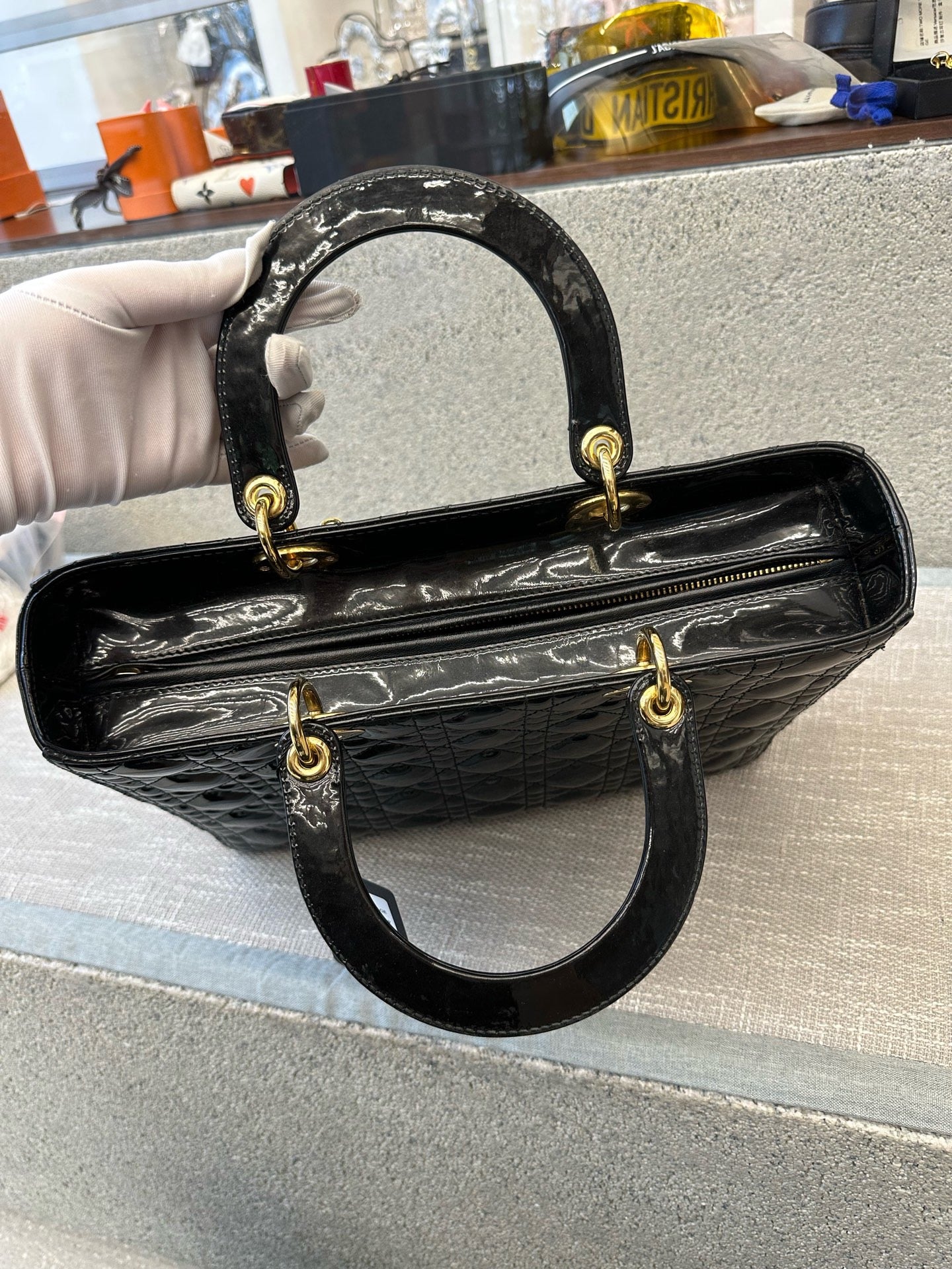 Preloved Christian Dior Black n Gold Lady Dior Large