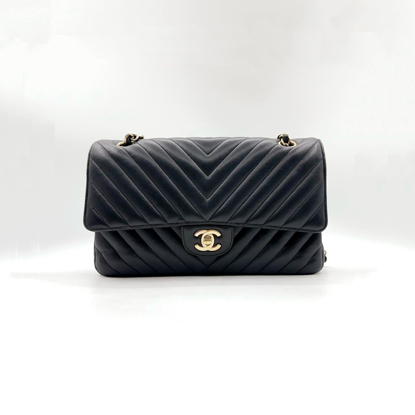 Preloved Chanel Black n Gold Classic Flap Chevron Medium