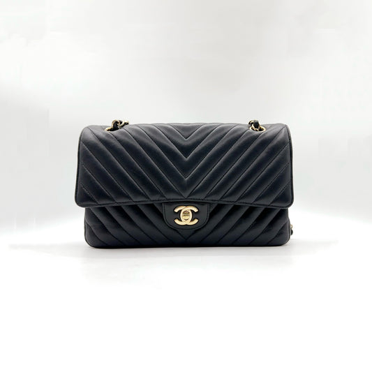 Preloved Chanel Black n Gold Classic Flap Chevron Medium