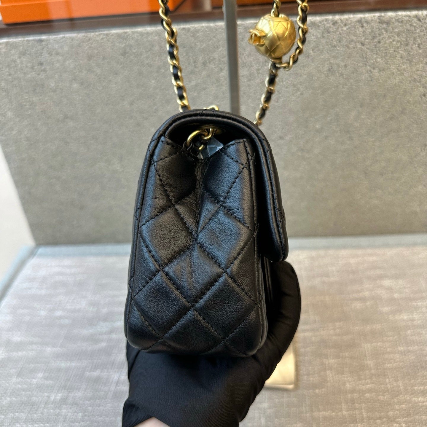 Preloved Chanel Black N Gold Pearl Crush Mini Square