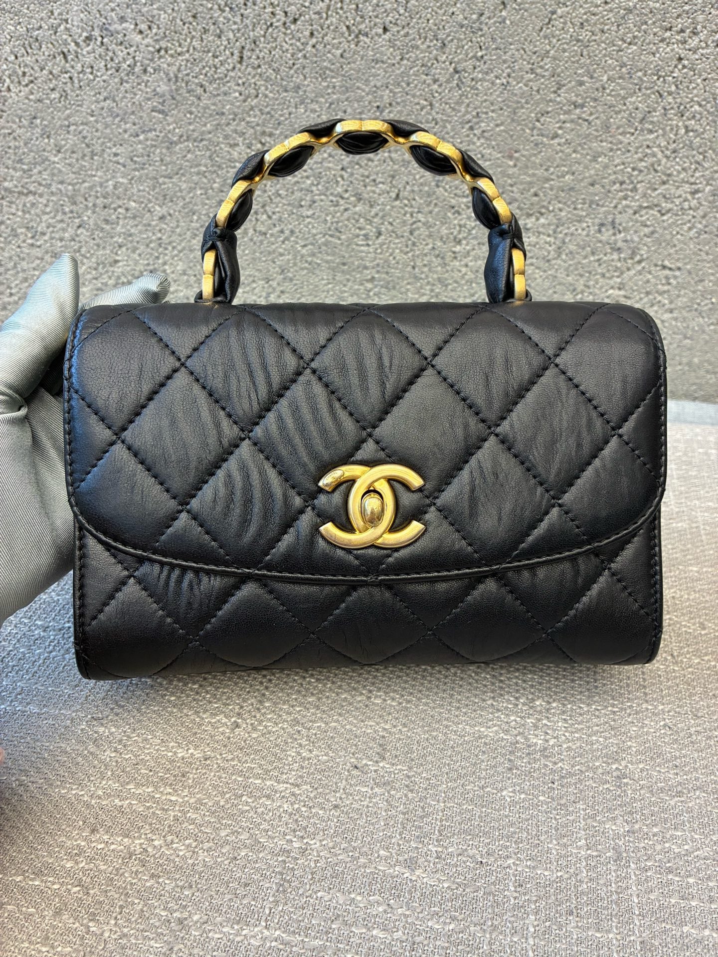 Preloved Chanel Black n Gold Flap Bag Mini with Top Handle