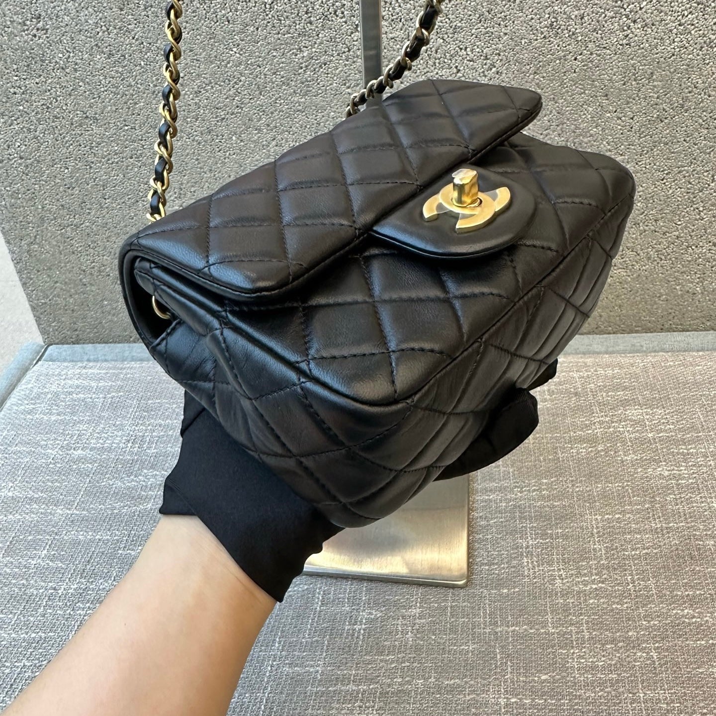 Preloved Chanel Black N Gold Pearl Crush Mini Square