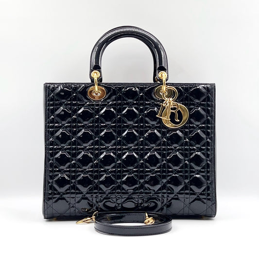 Preloved Christian Dior Black n Gold Lady Dior Large