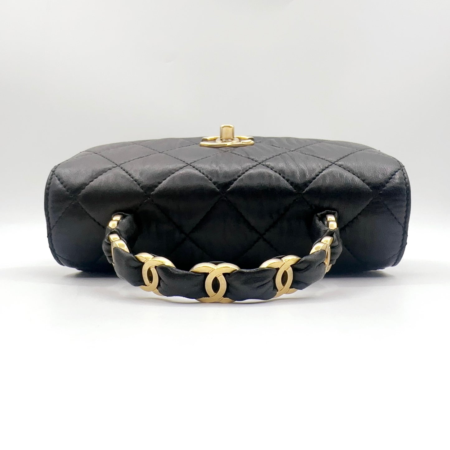Preloved Chanel Black n Gold Flap Bag Mini with Top Handle