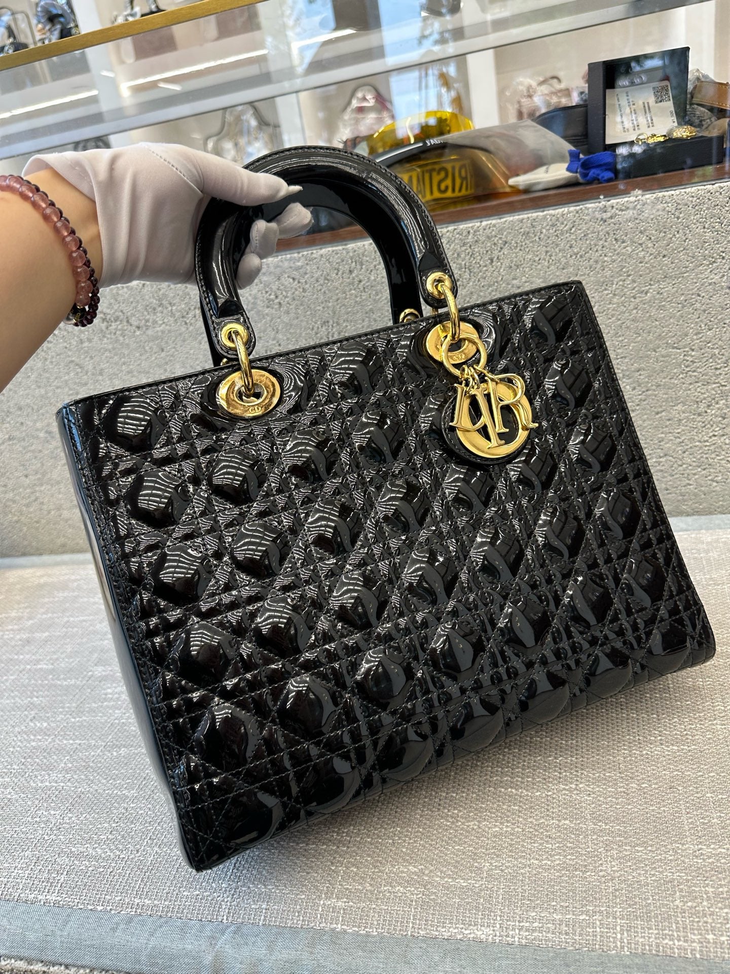 Preloved Christian Dior Black n Gold Lady Dior Large