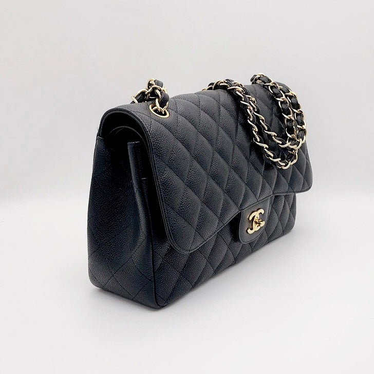 Chanel Black Quilted Caviar Jumbo Classic Double Flap Bag Gold