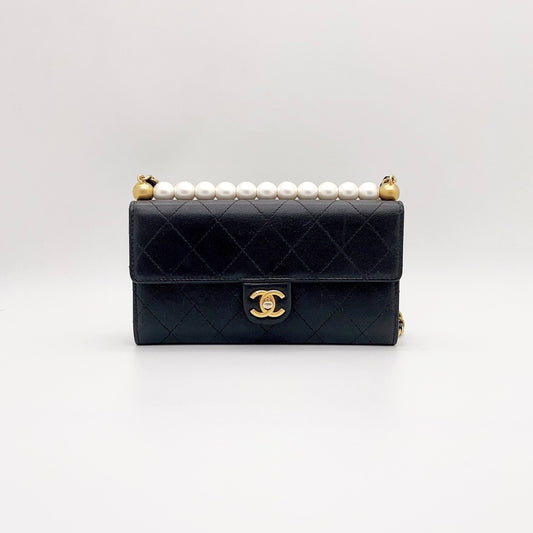 Preloved Chanel Black n Gold Pearl Short Handle Clutch with Chain / Wallet On Chain (WOC)