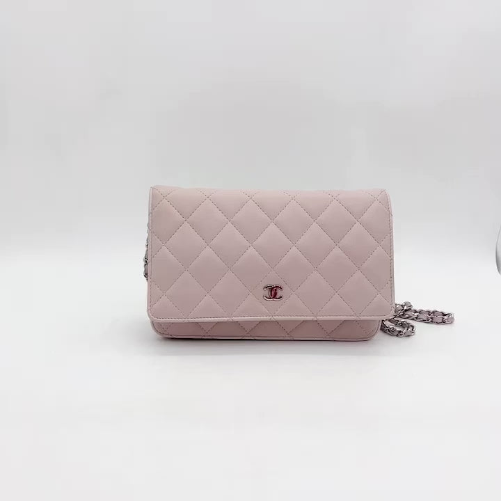 CHANEL Women's Pre-Loved Mini Card Case With Chain, Lamb, Pink, One Size