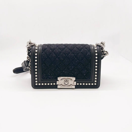 Preloved Chanel Boy Pearl Tweed Bag Small