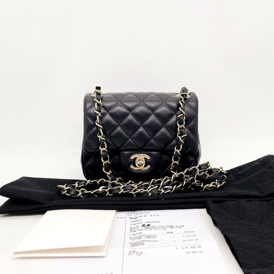 Preloved Chanel Black n Gold Classic Flap Mini Square
