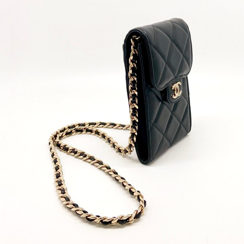Chanel Black n Gold Phone Holder with Chain – allprelovedonly
