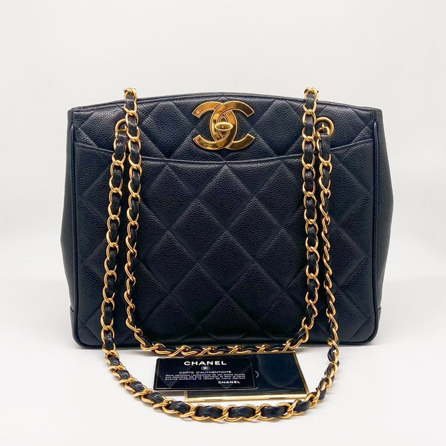 Preloved Chanel Vintage Black n Gold Shoulder Tote Bag