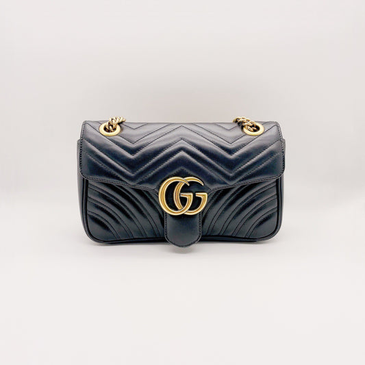 Preloved Gucci Black n Gold GG Marmont Shoulder Bag Small