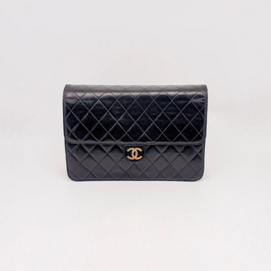 Preloved Chanel Vintage Black n Gold Push-Lock Flap Bag Medium